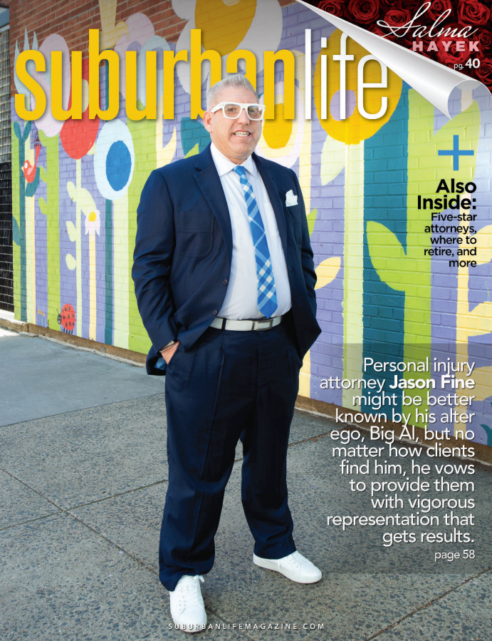 jfinelaw article from suburbanlife, lawyer in suit smiling in cover image